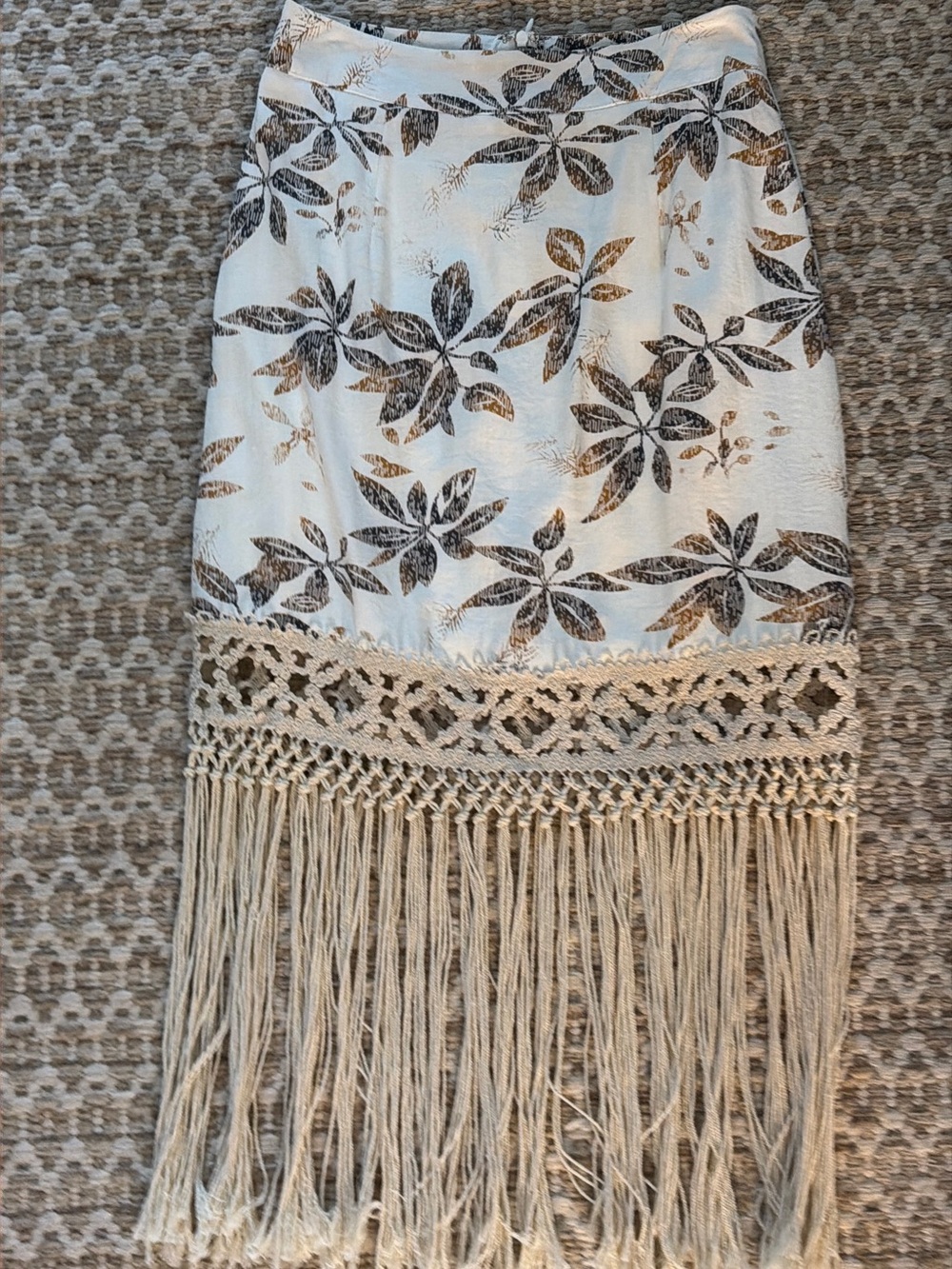 Vici Cream Midi Skirt with Brown Leaf Print & Fringe